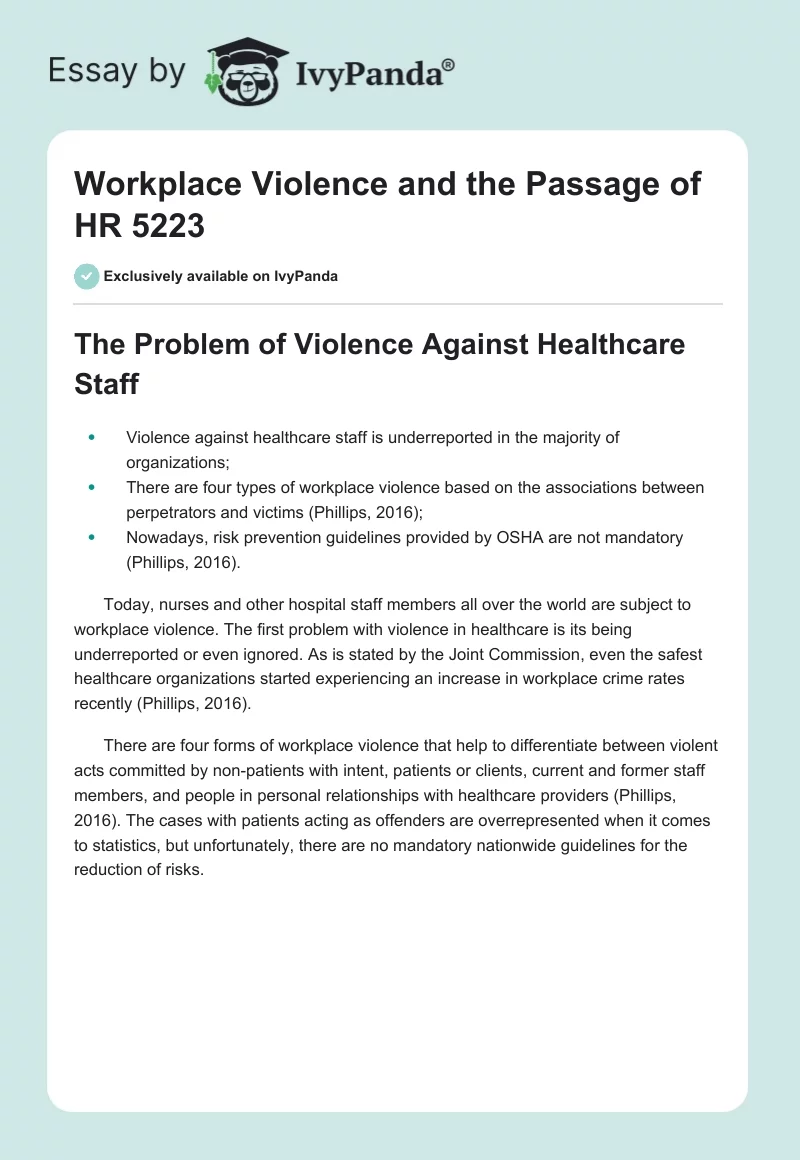 Workplace Violence and the Passage of HR 5223. Page 1