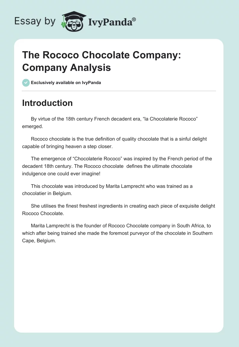 The Rococo Chocolate Company: Company Analysis. Page 1