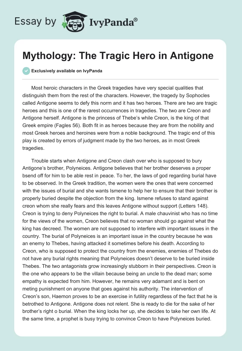 Mythology: The Tragic Hero in Antigone. Page 1
