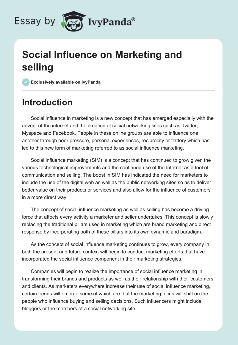Social Influence on Marketing and selling. Page 1
