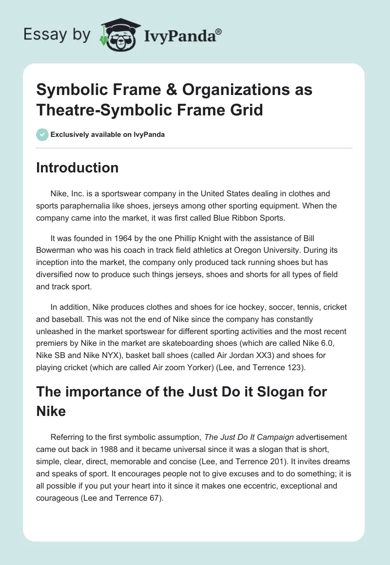 Symbolic Frame & Organizations as Theatre-Symbolic Frame Grid. Page 1