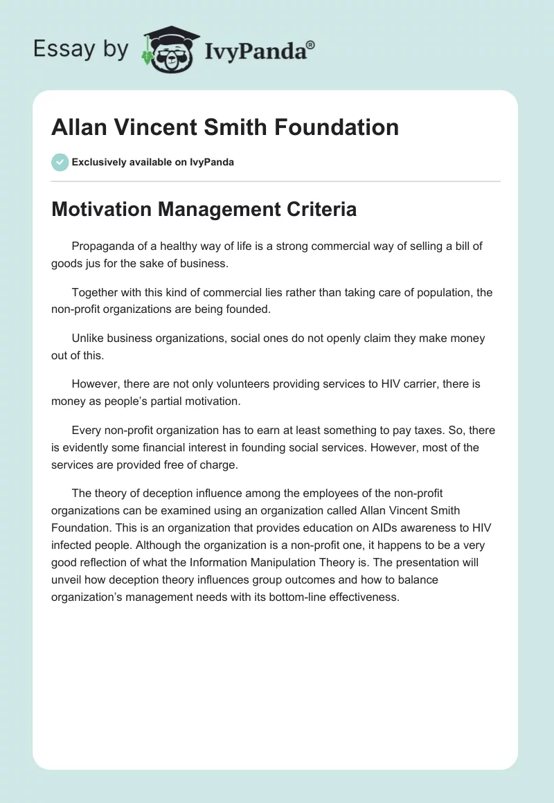 Allan Vincent Smith Foundation. Page 1