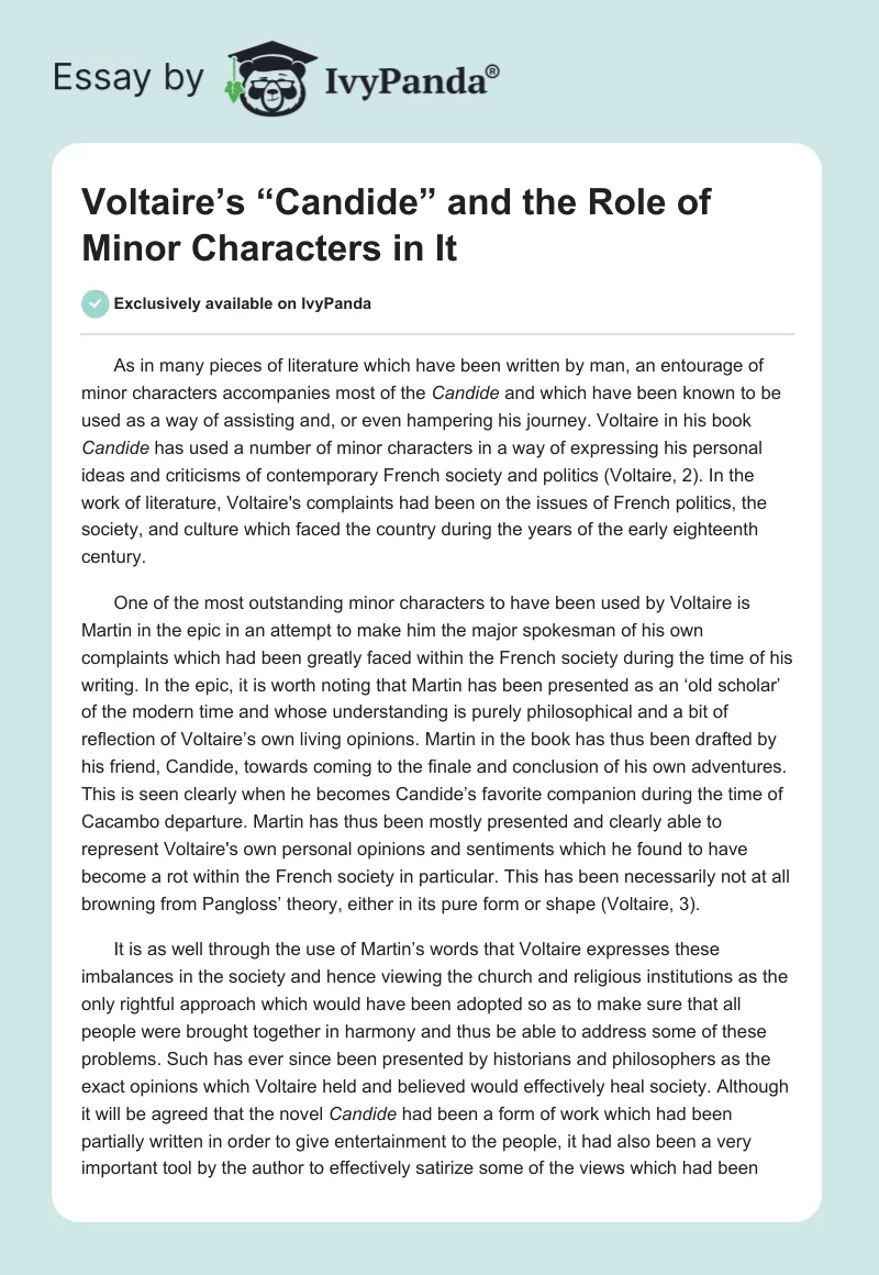 Voltaire’s “Candide” and the Role of Minor Characters in It. Page 1