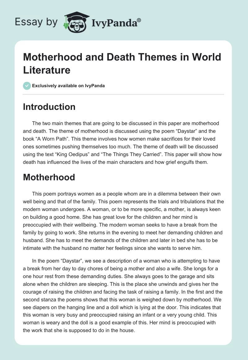 Motherhood and Death Themes in World Literature. Page 1