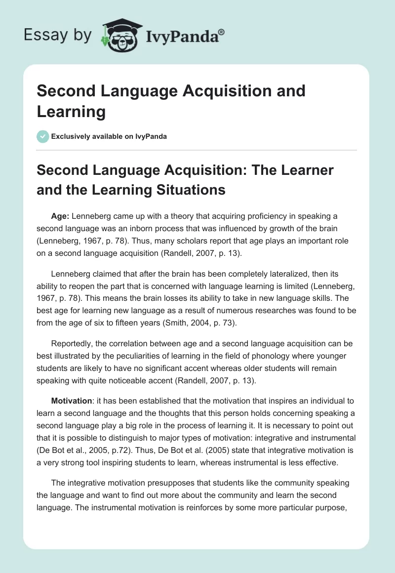 Second Language Acquisition and Learning. Page 1