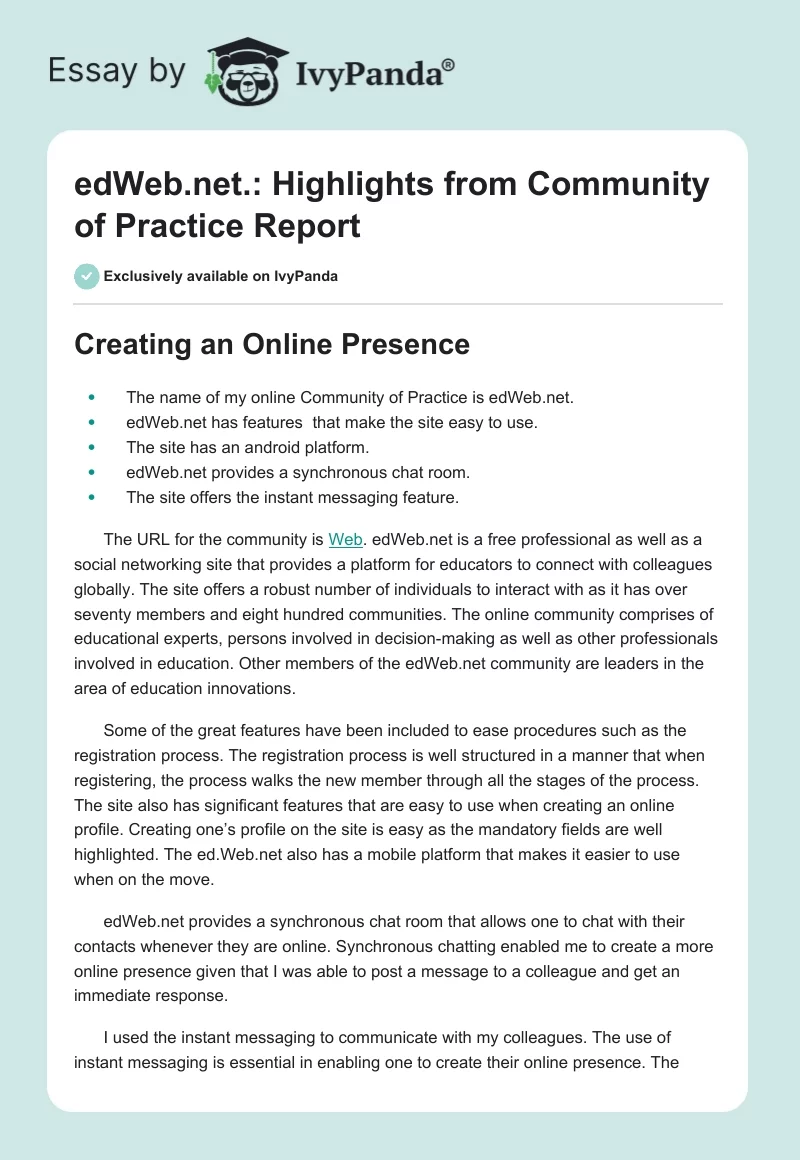 edWeb.net.: Highlights from Community of Practice Report. Page 1