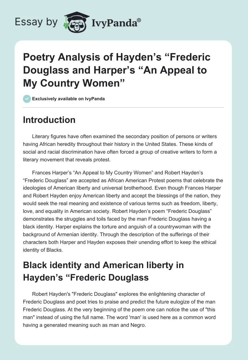Poetry Analysis of Hayden’s “Frederic Douglass" and Harper’s “An Appeal to My Country Women”. Page 1