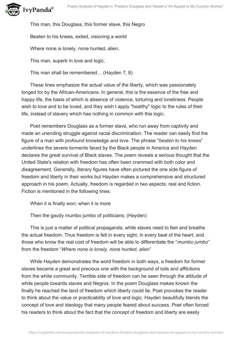 Poetry Analysis of Hayden’s “Frederic Douglass" and Harper’s “An Appeal to My Country Women”. Page 2