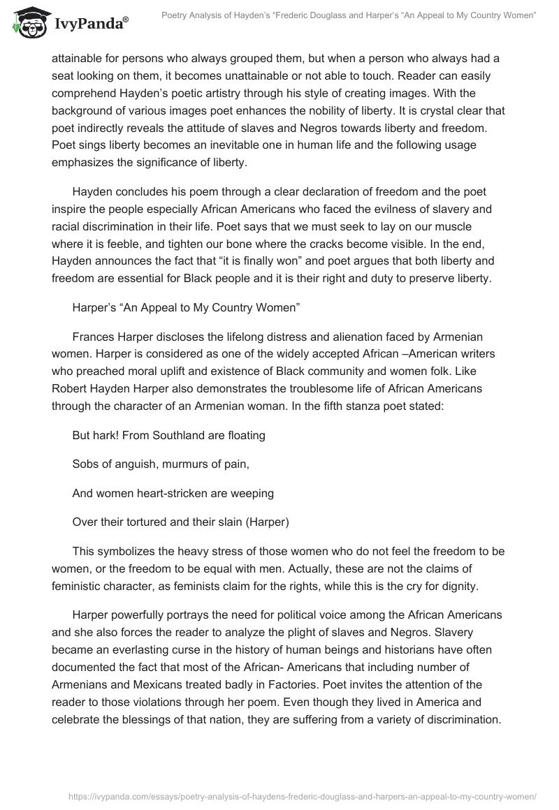 Poetry Analysis of Hayden’s “Frederic Douglass" and Harper’s “An Appeal to My Country Women”. Page 3