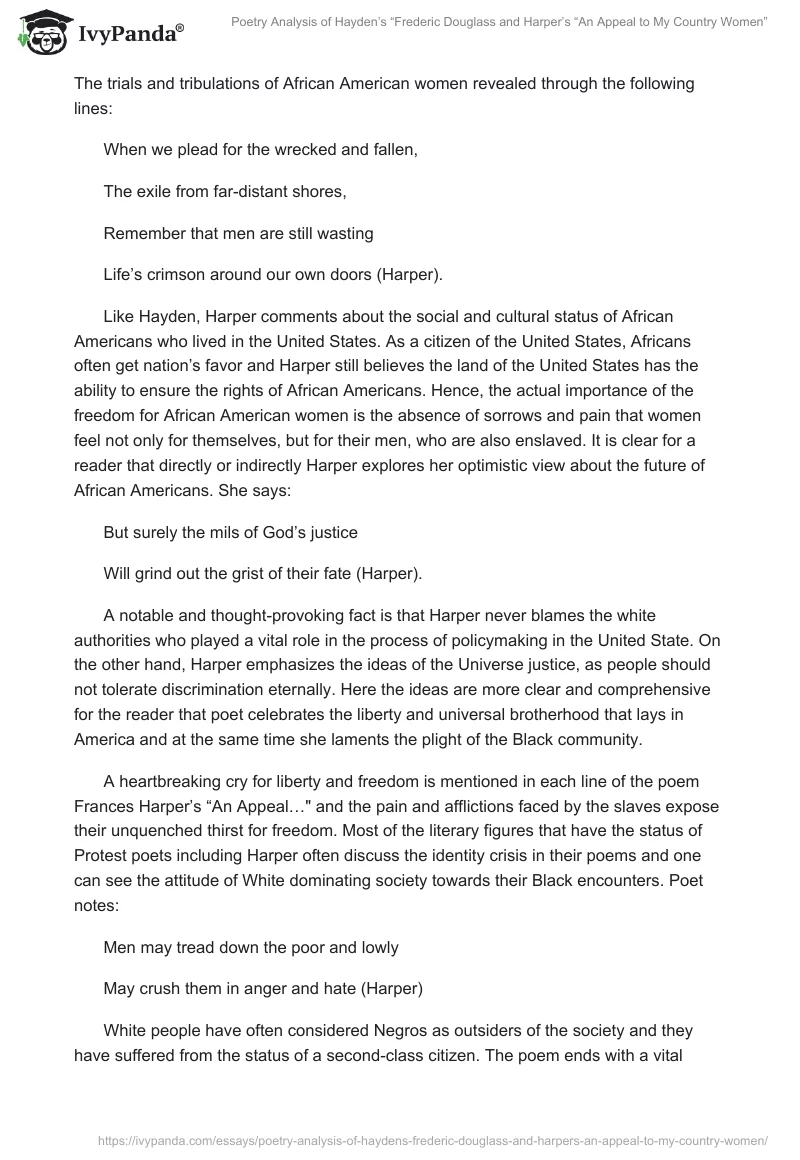 Poetry Analysis of Hayden’s “Frederic Douglass" and Harper’s “An Appeal to My Country Women”. Page 4
