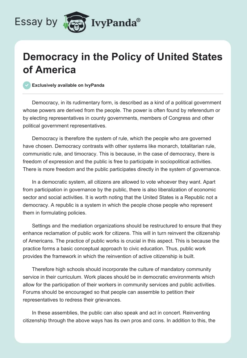 Democracy in the Policy of United States of America. Page 1