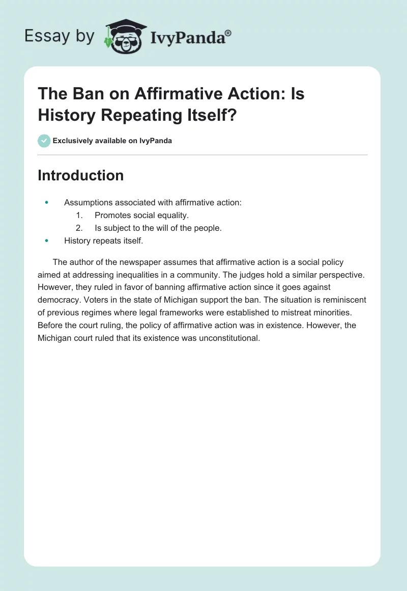 The Ban on Affirmative Action: Is History Repeating Itself?. Page 1