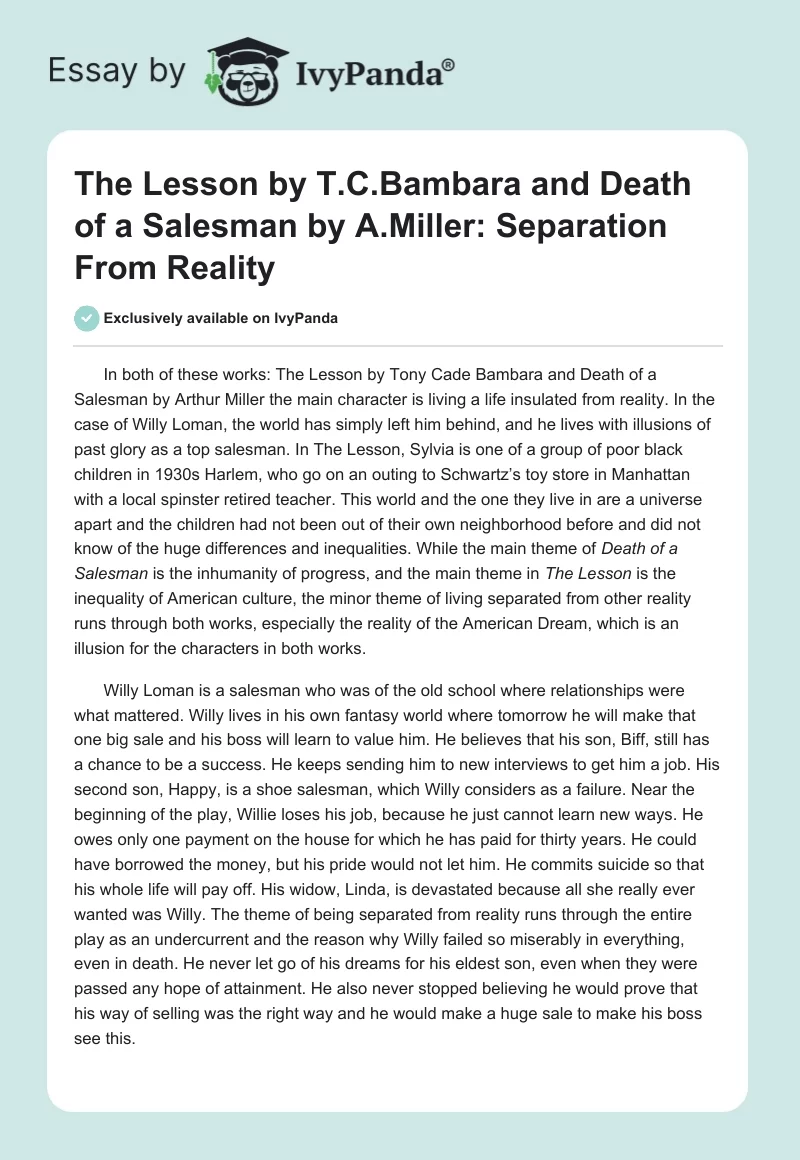 "The Lesson" by T.C. Bambara and "Death of a Salesman" by A. Miller: Separation From Reality. Page 1