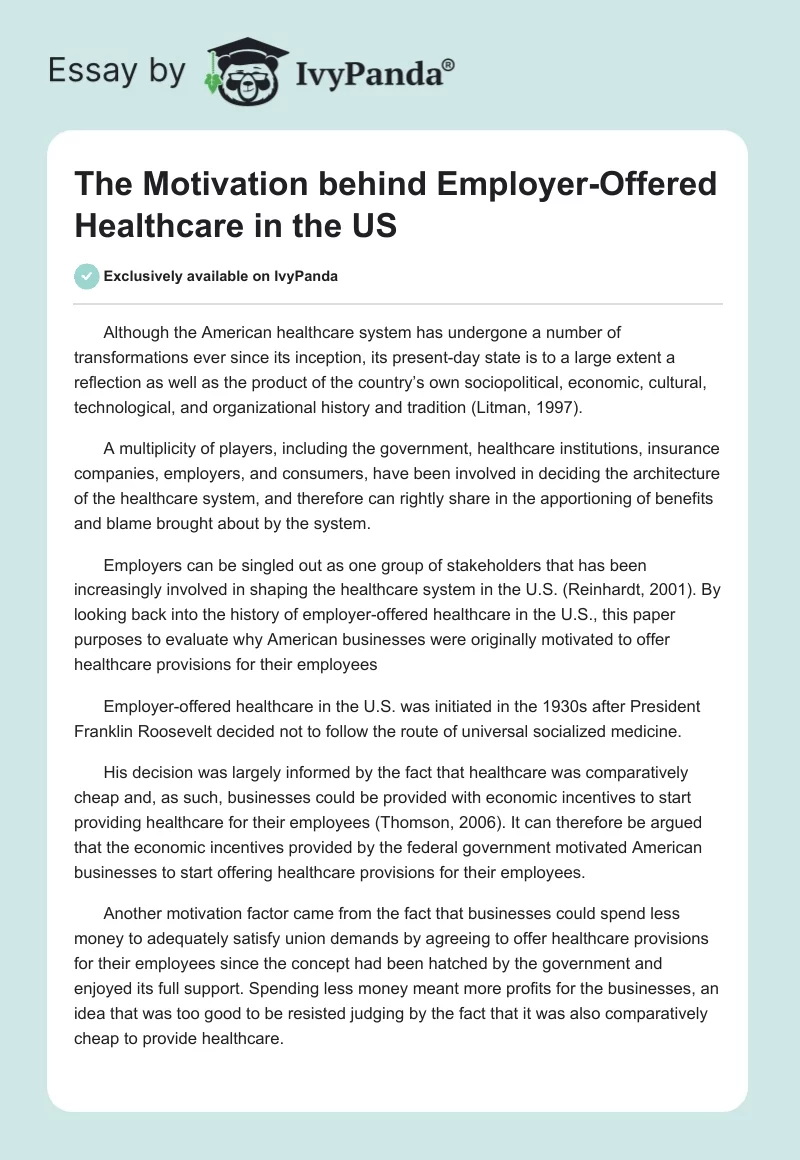 The Motivation Behind Employer-Offered Healthcare in the US. Page 1