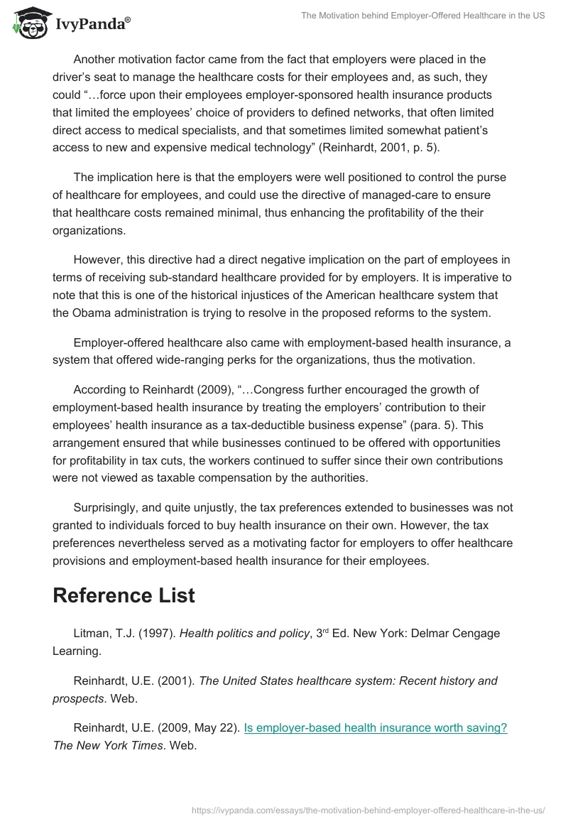 The Motivation Behind Employer-Offered Healthcare in the US. Page 2
