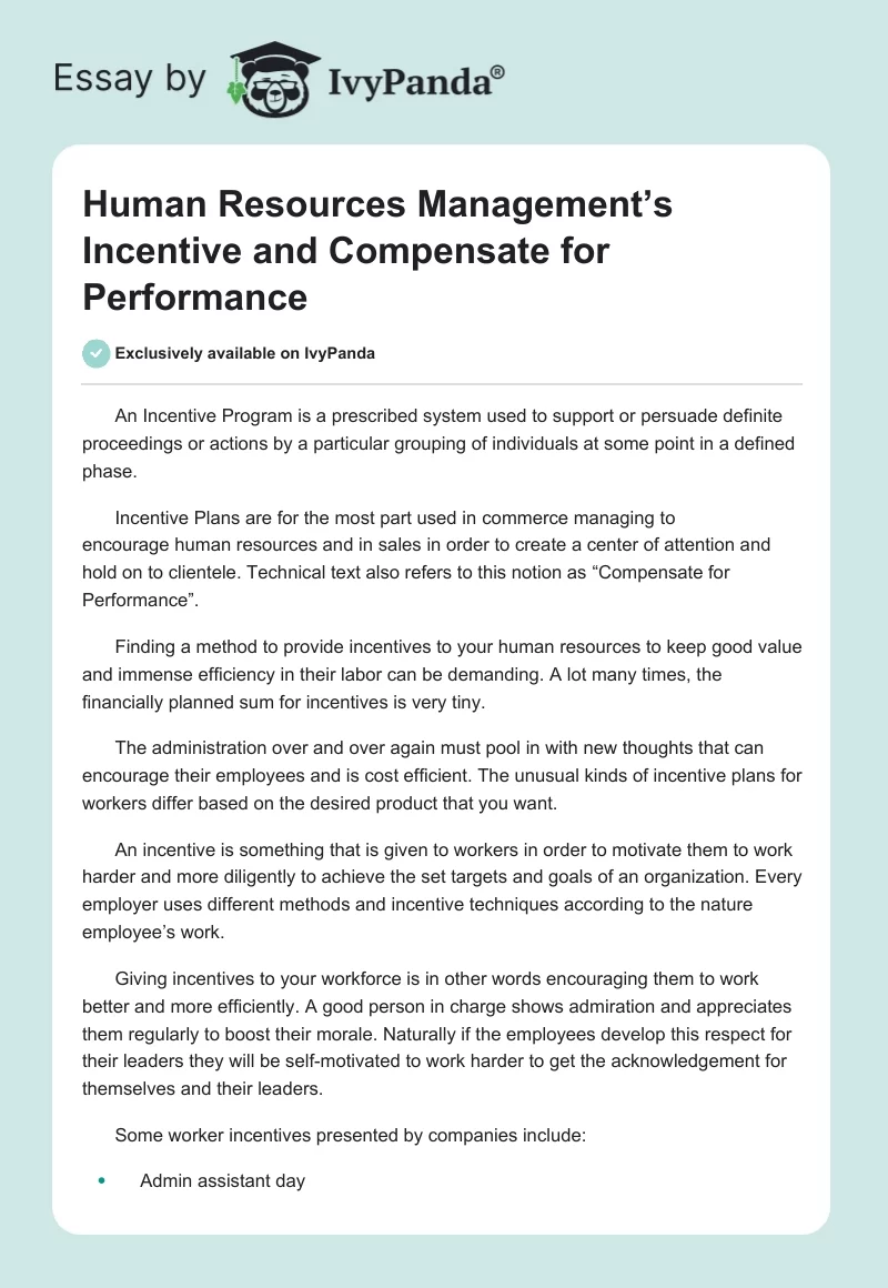 Human Resources Management’s Incentive and Compensate for Performance. Page 1