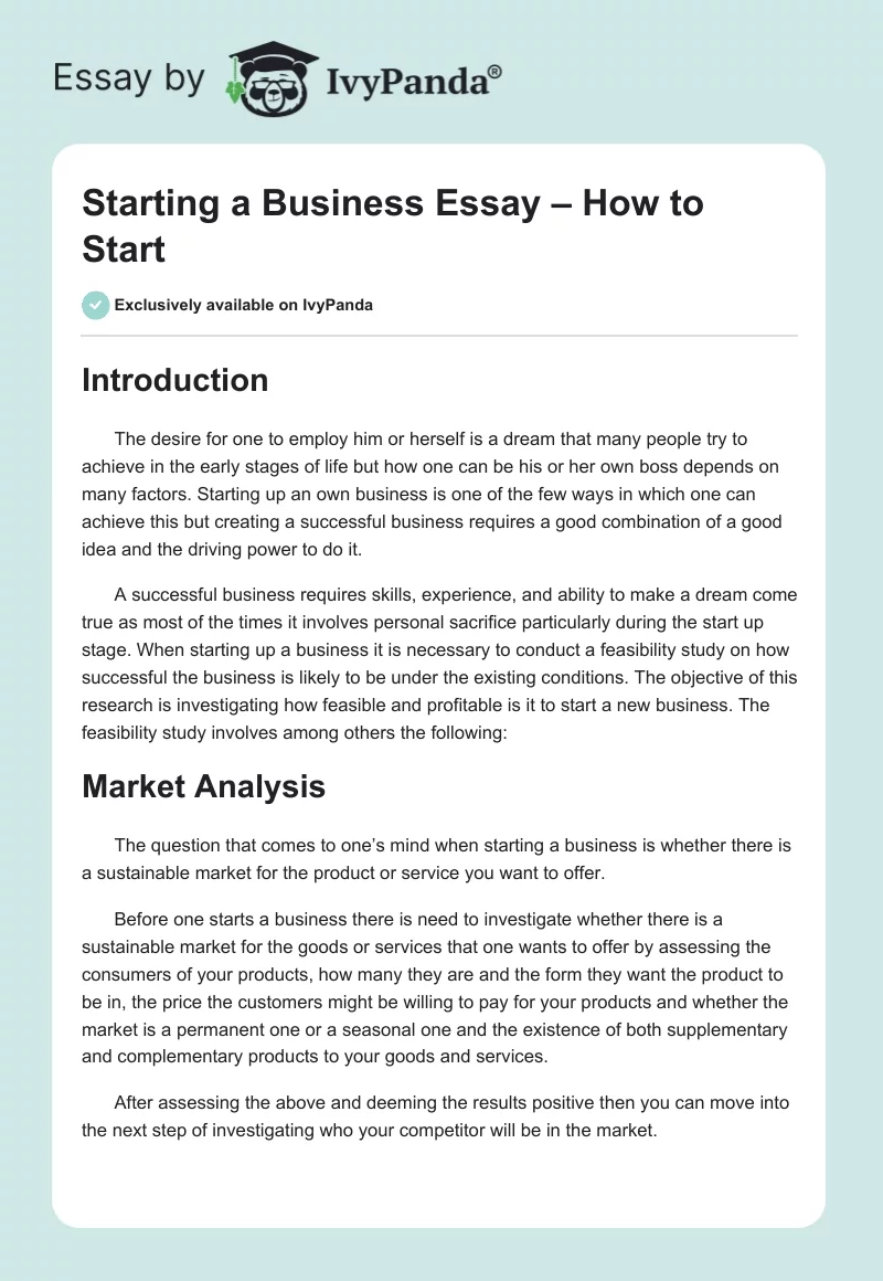 Starting a Business Essay – How to Start. Page 1