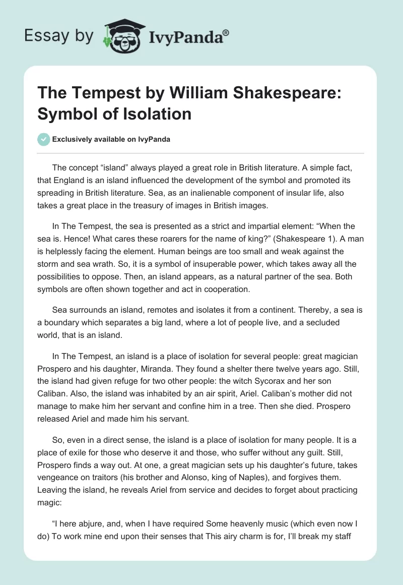 The Tempest by William Shakespeare: Symbol of Isolation. Page 1