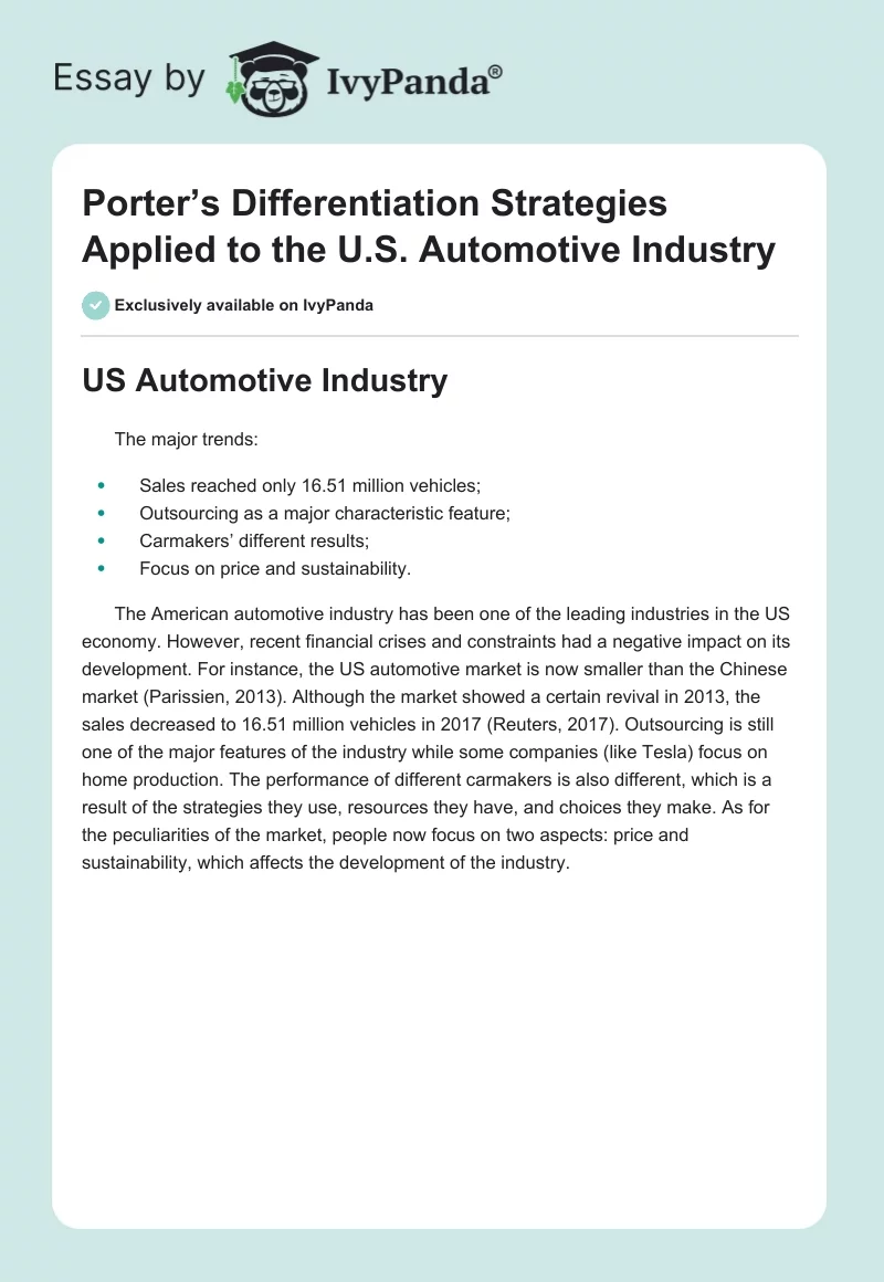 Porter’s Differentiation Strategies Applied to the U.S. Automotive Industry. Page 1