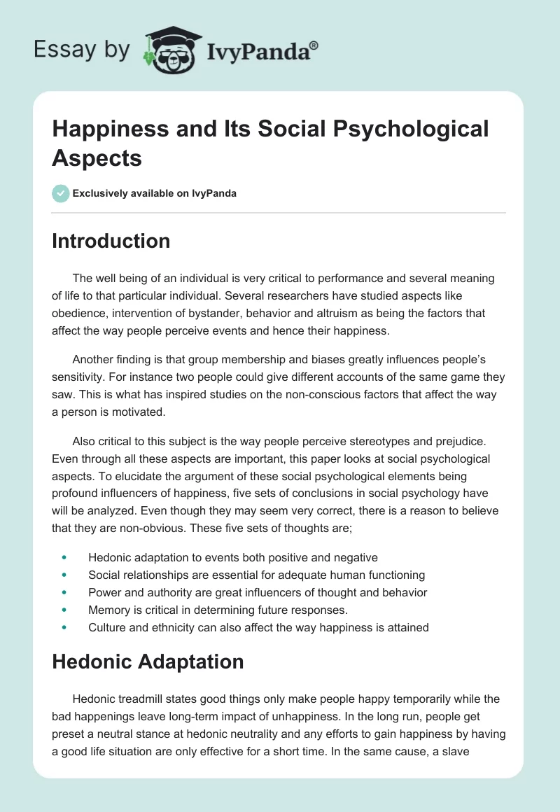 Happiness and Its Social Psychological Aspects. Page 1