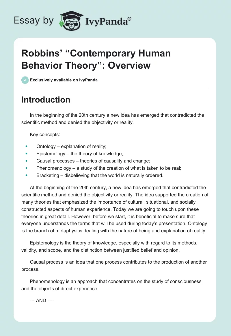 Robbins’ “Contemporary Human Behavior Theory”: Overview. Page 1