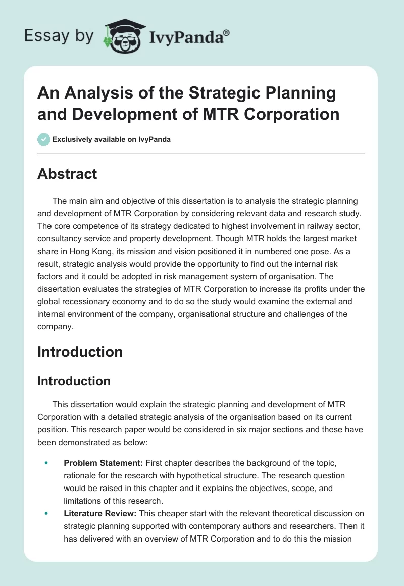 An Analysis of the Strategic Planning and Development of MTR Corporation. Page 1