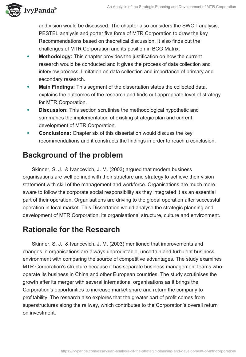 An Analysis of the Strategic Planning and Development of MTR Corporation. Page 2