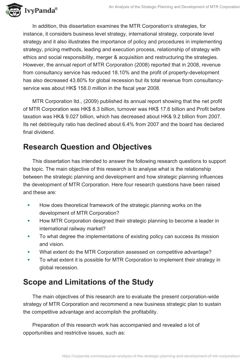 An Analysis of the Strategic Planning and Development of MTR Corporation. Page 3
