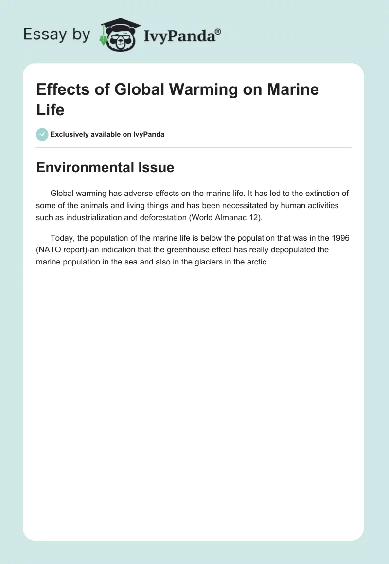 Effects of Global Warming on Marine Life. Page 1