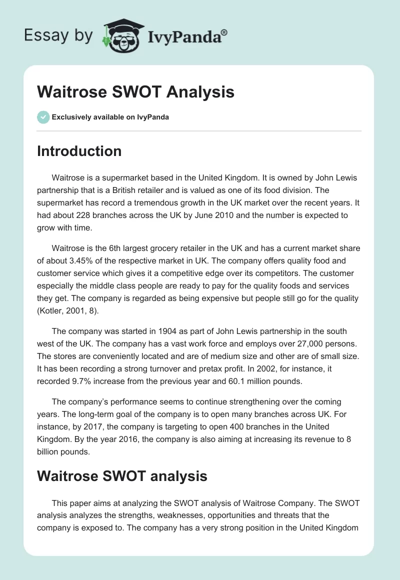 Waitrose SWOT Analysis. Page 1