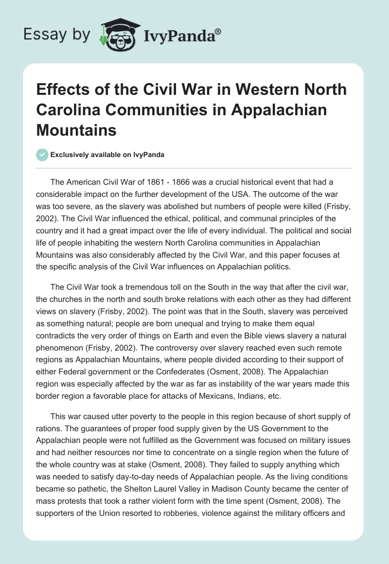 Effects of the Civil War in Western North Carolina Communities in Appalachian Mountains. Page 1