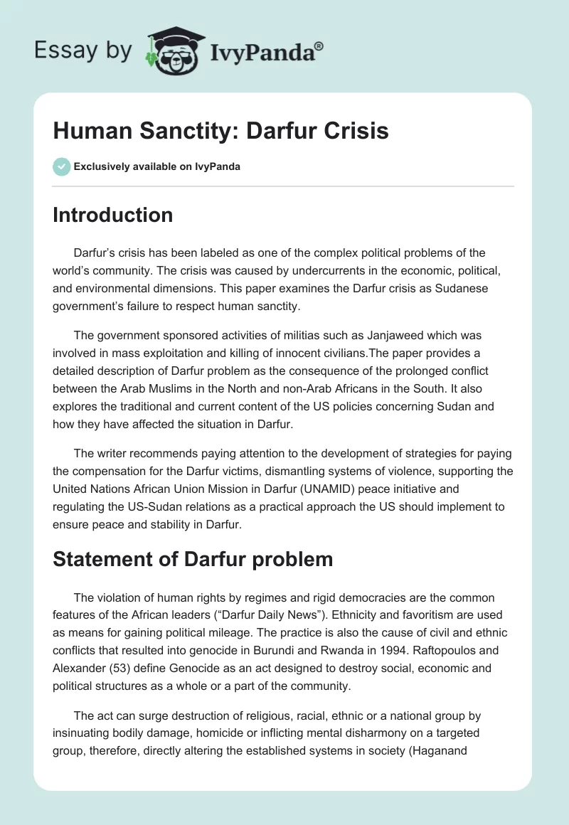 Human Sanctity: Darfur Crisis. Page 1