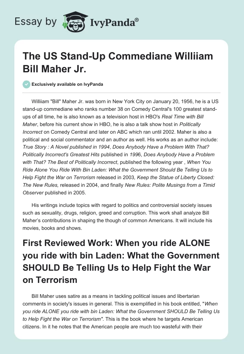 The US Stand-Up Commediane Williiam "Bill" Maher Jr.. Page 1