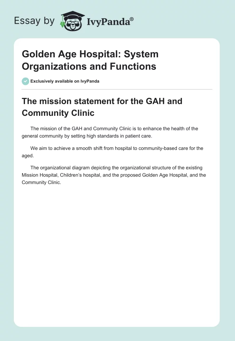 Golden Age Hospital: System Organizations and Functions. Page 1
