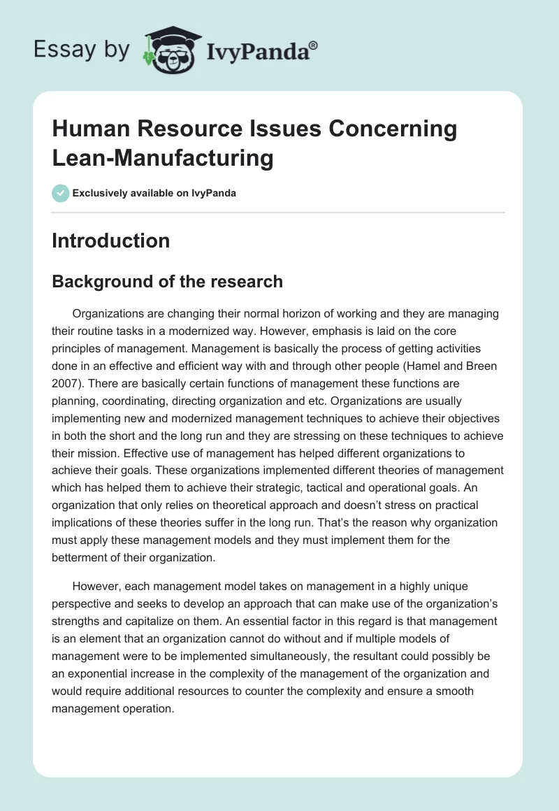 Human Resource Issues Concerning Lean-Manufacturing. Page 1
