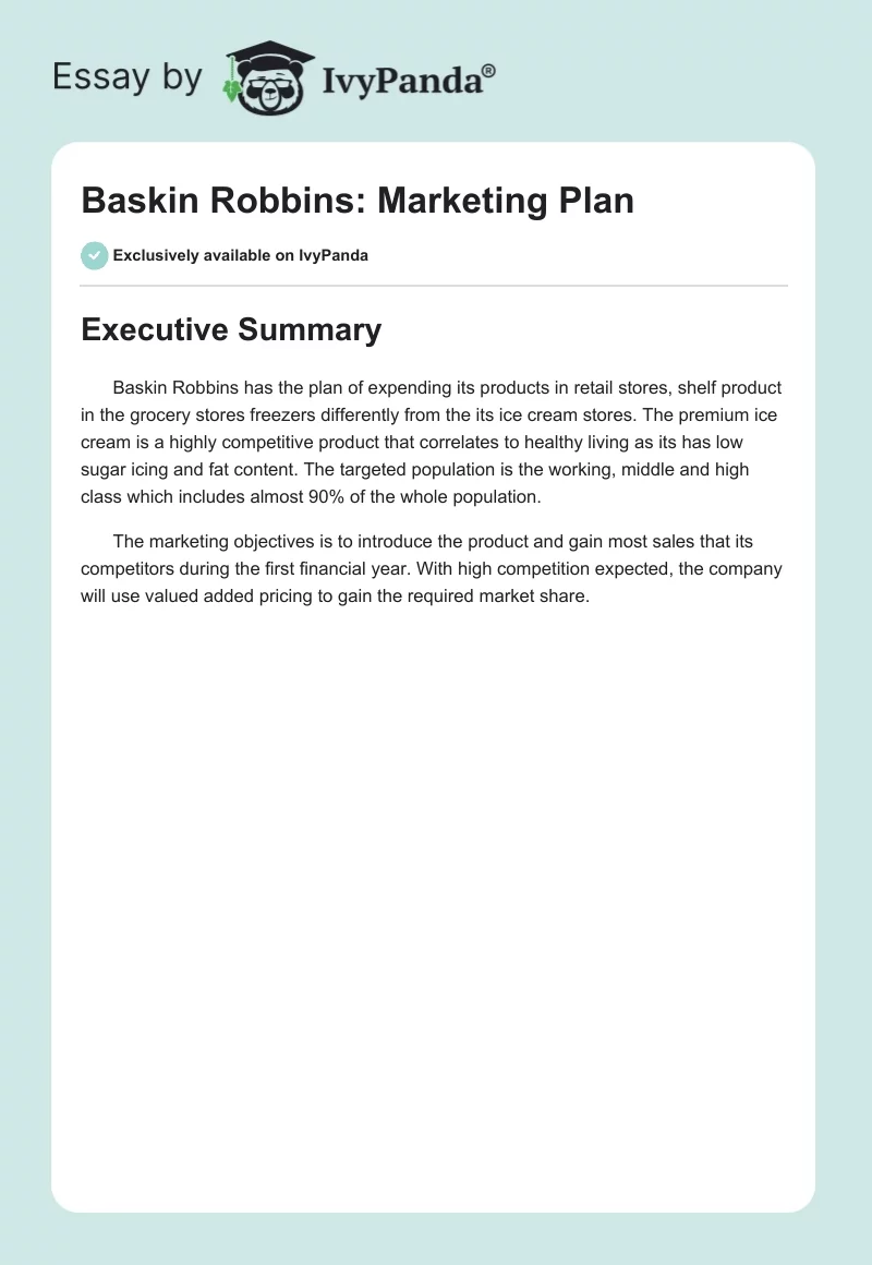 Baskin Robbins: Marketing Plan. Page 1