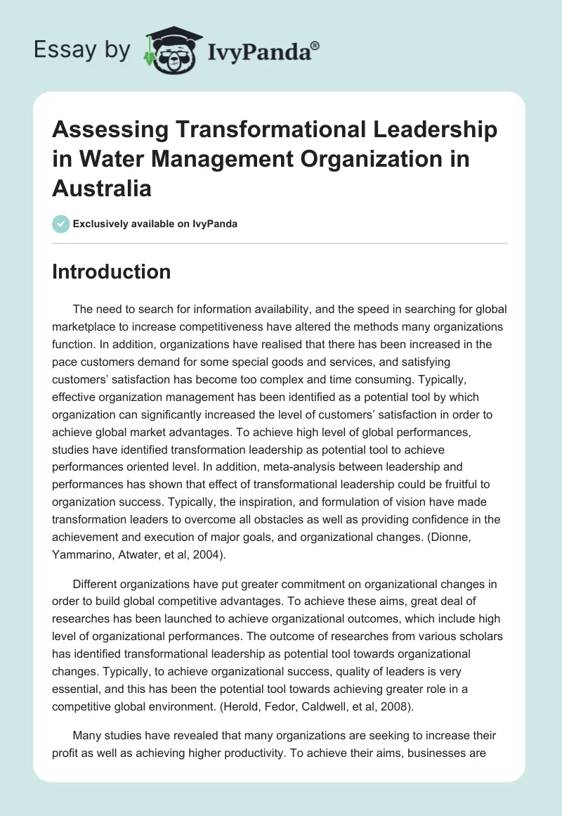 Assessing Transformational Leadership in Water Management Organization in Australia. Page 1