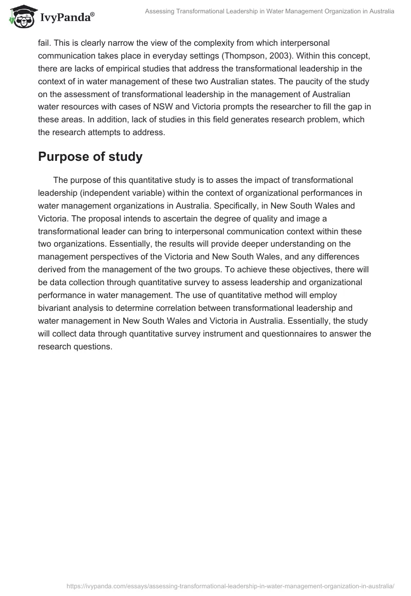 Assessing Transformational Leadership in Water Management Organization in Australia. Page 3