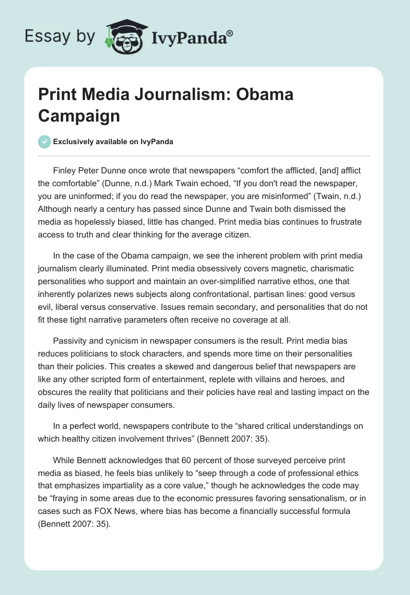 Print Media Journalism: Obama Campaign. Page 1