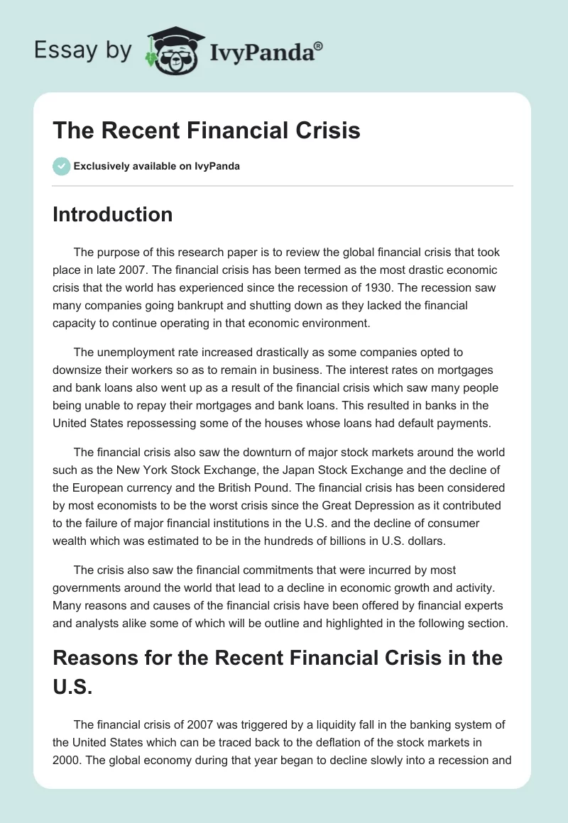 The Recent Financial Crisis. Page 1