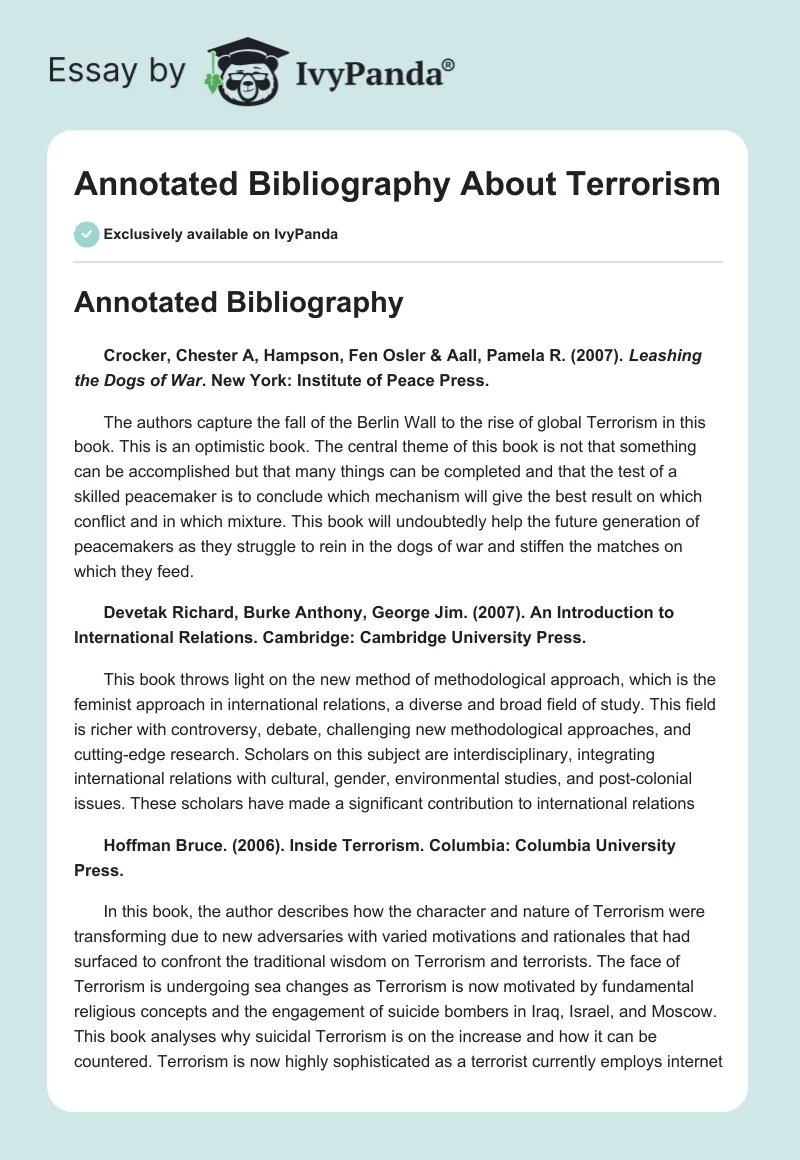 Annotated Bibliography About Terrorism. Page 1