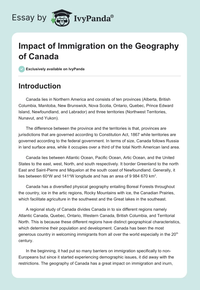 Impact of Immigration on the Geography of Canada. Page 1