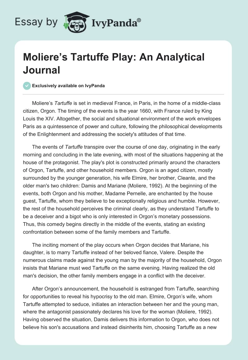 Moliere’s Tartuffe Play: An Analytical Journal. Page 1