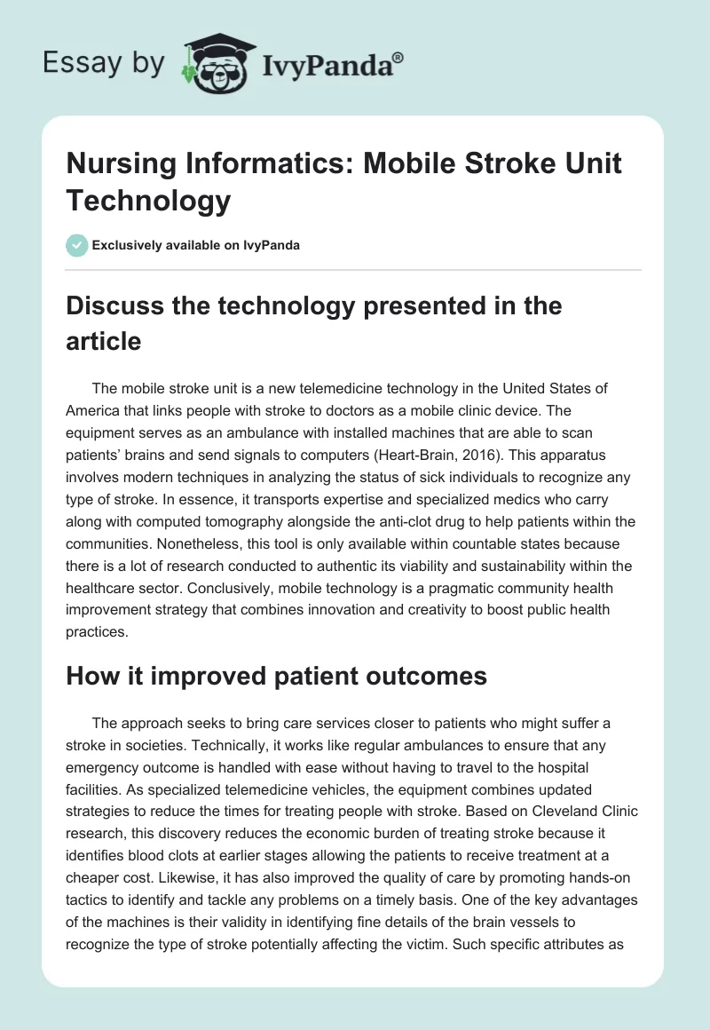 Nursing Informatics: Mobile Stroke Unit Technology. Page 1