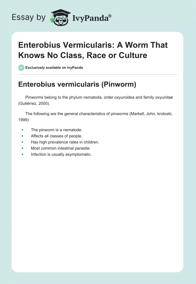 Enterobius Vermicularis: A Worm That Knows No Class, Race or Culture. Page 1