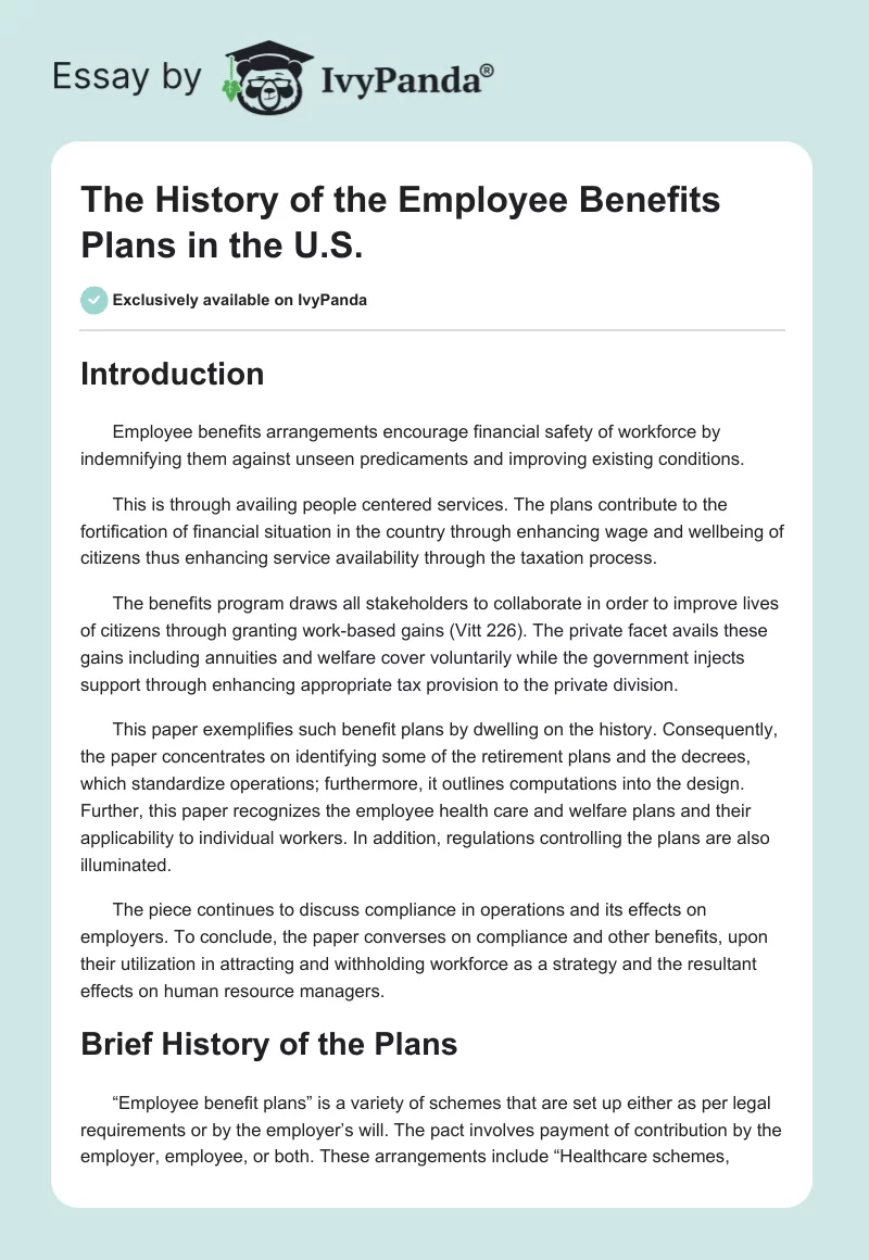 The History of the Employee Benefits Plans in the U.S.. Page 1