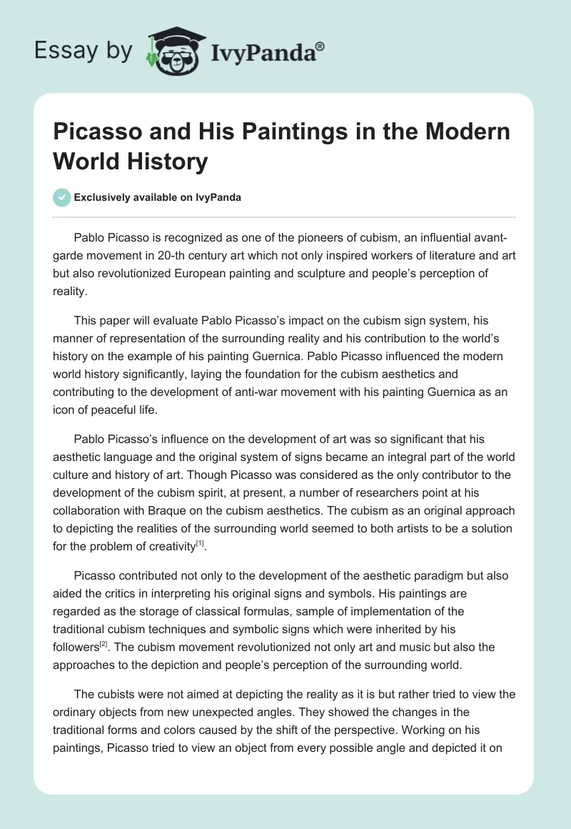 Picasso and His Paintings in the Modern World History. Page 1