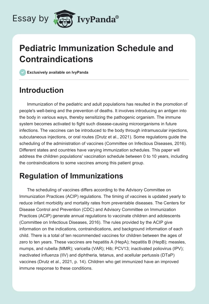 Pediatric Immunization Schedule and Contraindications. Page 1