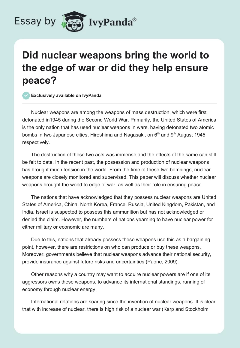 Did Nuclear Weapons Bring the World to the Edge of War or Did They Help Ensure Peace?. Page 1