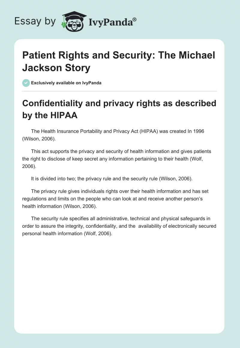Patient Rights and Security: The Michael Jackson Story. Page 1